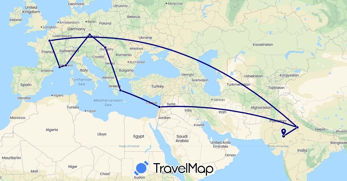 TravelMap itinerary: driving in Czech Republic, France, Greece, Hungary, India, Lebanon (Asia, Europe)